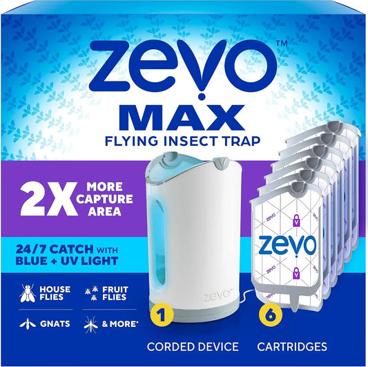 Zevo MAX Bug Catcher, Gnat & Fruit Fly Trap Indoors, 1 Base & 6 Refills